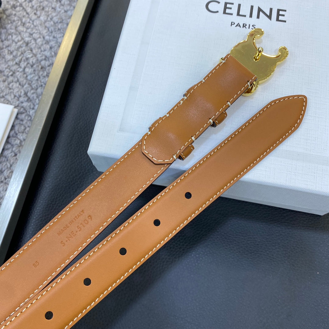 CELINE TRIOMPHE BELT 25MM IN BROWN CALFSKIN GOLD BUCKLE GOLD LOGO