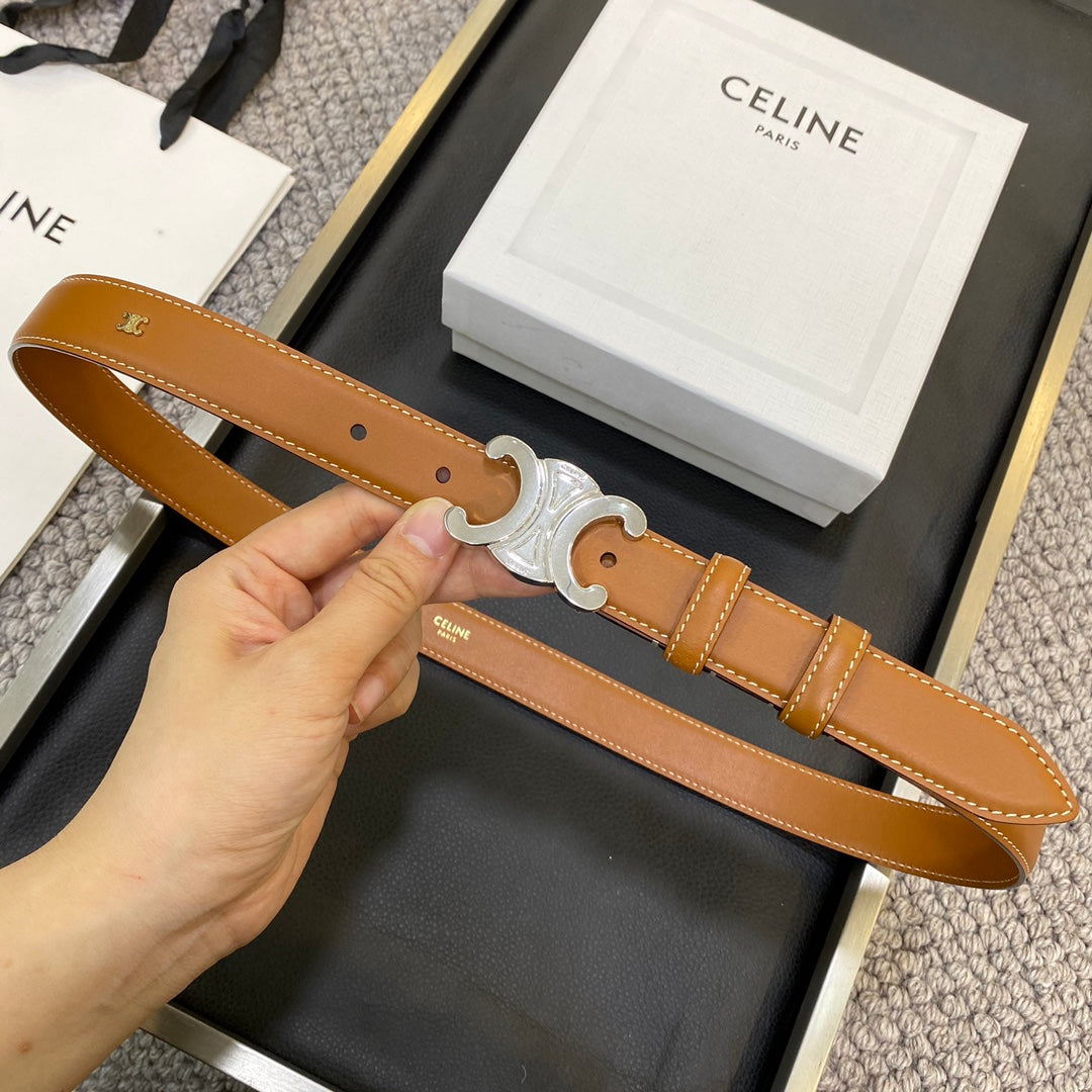 CELINE TRIOMPHE BELT 25MM IN BROWN CALFSKIN SILVER BUCKLE GOLD LOGO