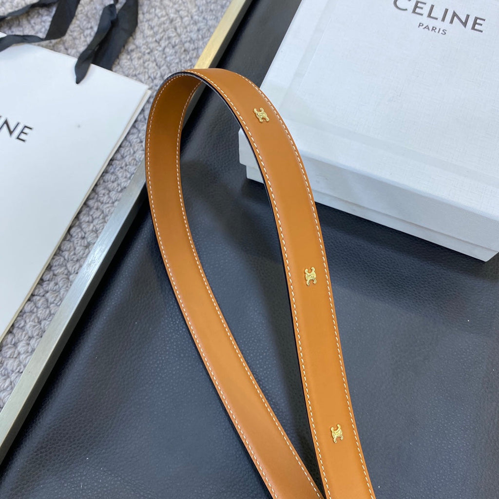 CELINE TRIOMPHE BELT 25MM IN BROWN CALFSKIN SILVER BUCKLE GOLD LOGO