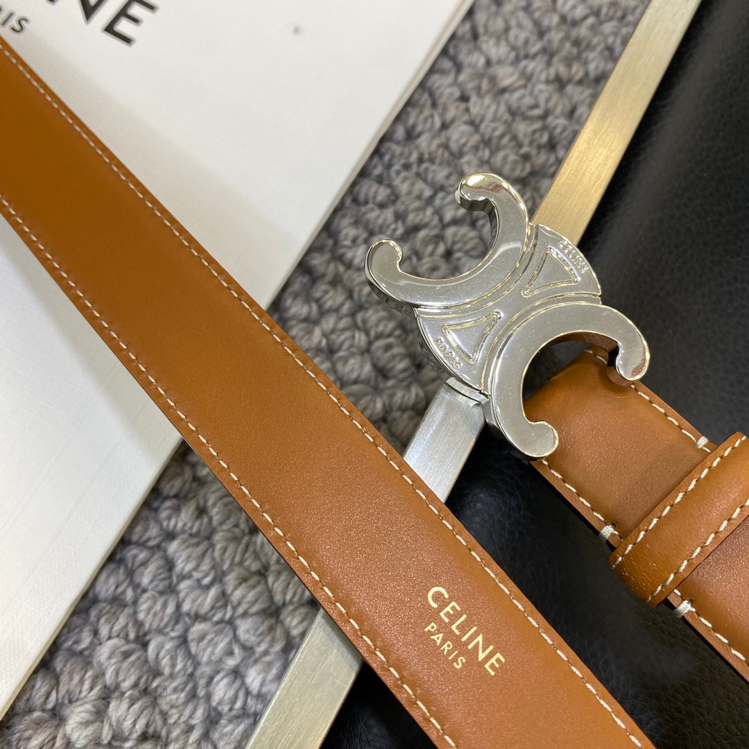 CELINE TRIOMPHE BELT 25MM IN BROWN CALFSKIN SILVER BUCKLE GOLD LOGO