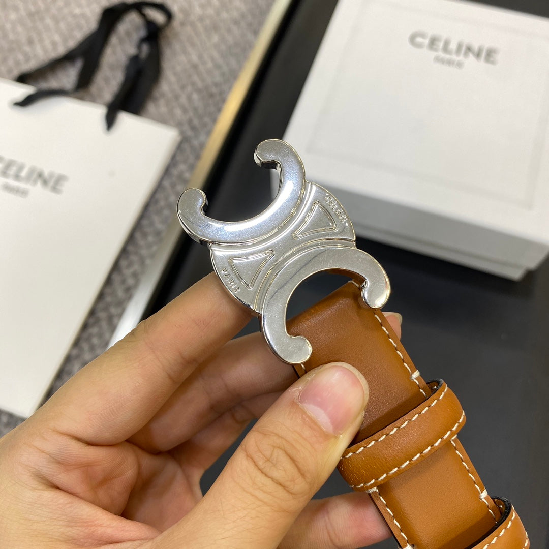 CELINE TRIOMPHE BELT 25MM IN BROWN CALFSKIN SILVER BUCKLE GOLD LOGO