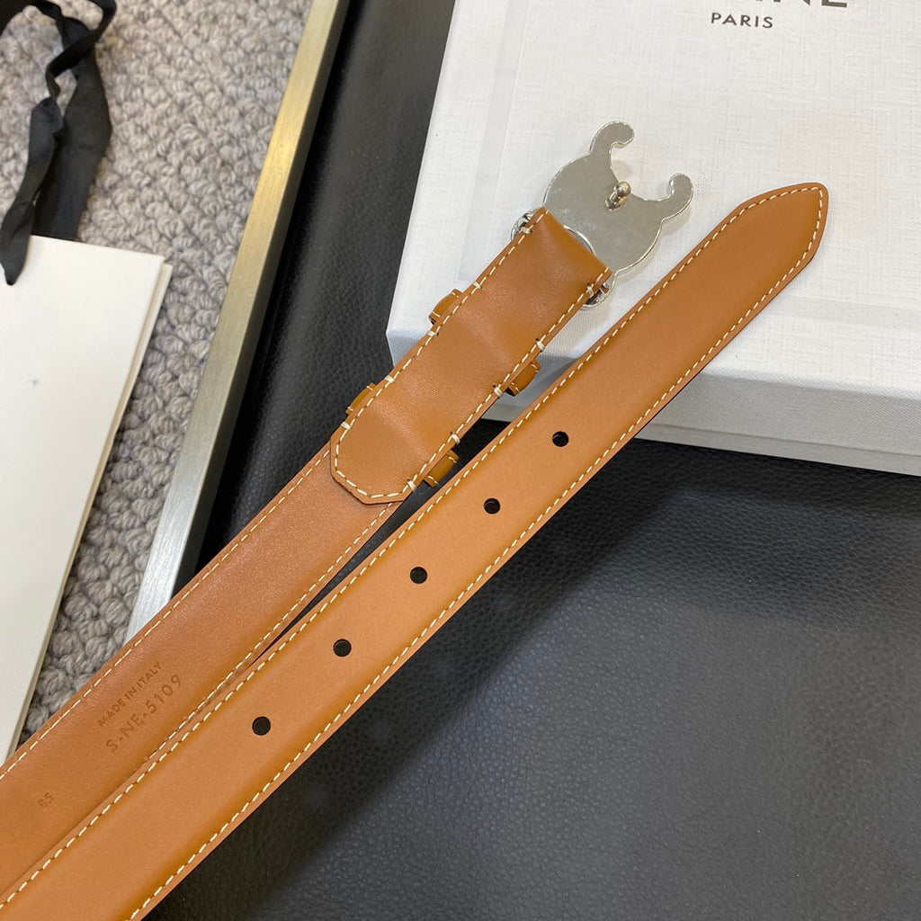 CELINE TRIOMPHE BELT 25MM IN BROWN CALFSKIN SILVER BUCKLE GOLD LOGO