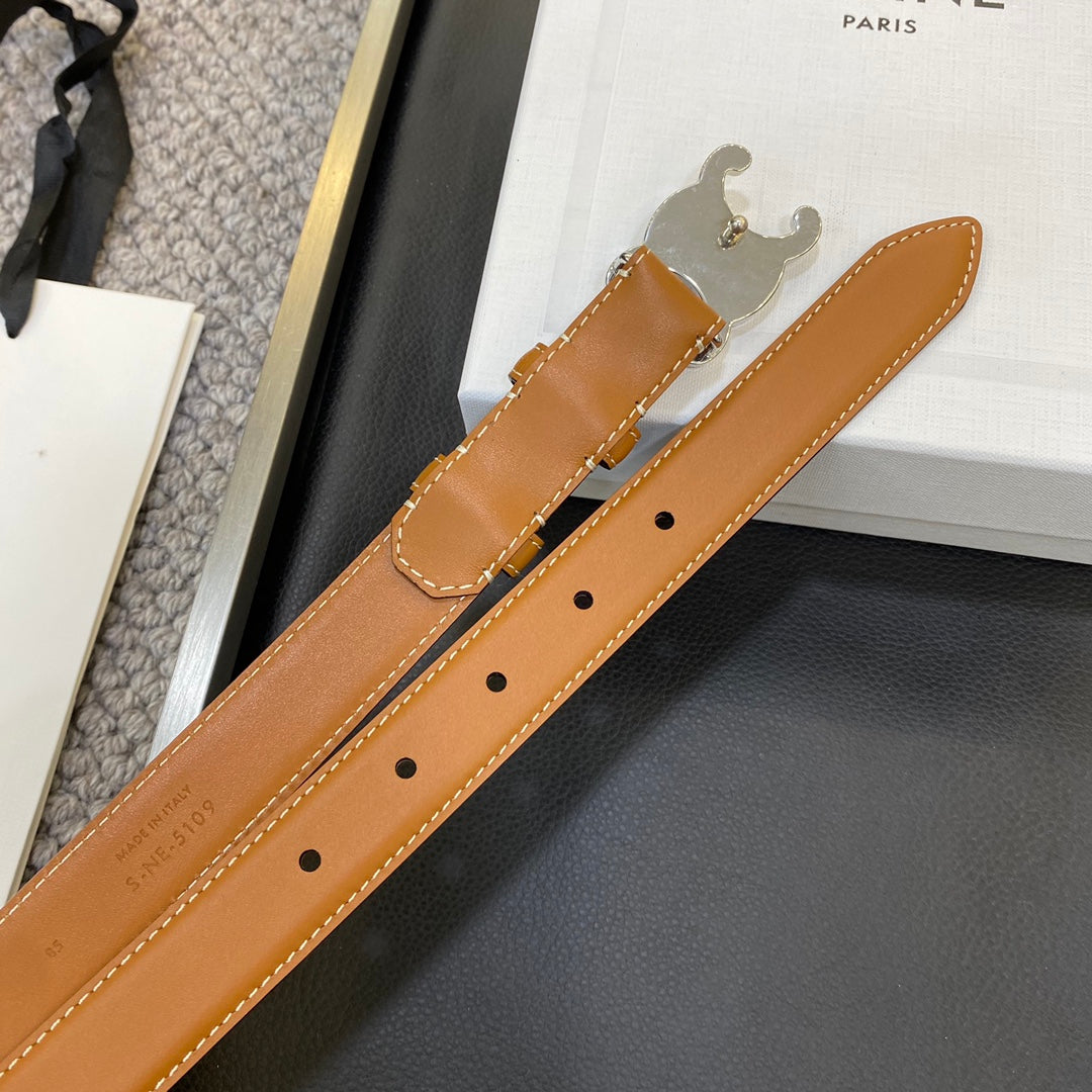 CELINE TRIOMPHE BELT 25MM IN BROWN CALFSKIN SILVER BUCKLE GOLD LOGO