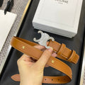 CELINE TRIOMPHE BELT 25MM IN BROWN CALFSKIN SILVER BUCKLE GOLD LOGO