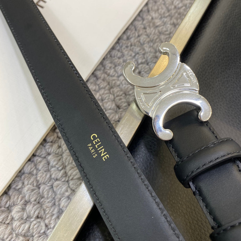 CELINE TRIOMPHE BELT 25MM IN BLACK CALFSKIN SILVER BUCKLE GOLD LOGO