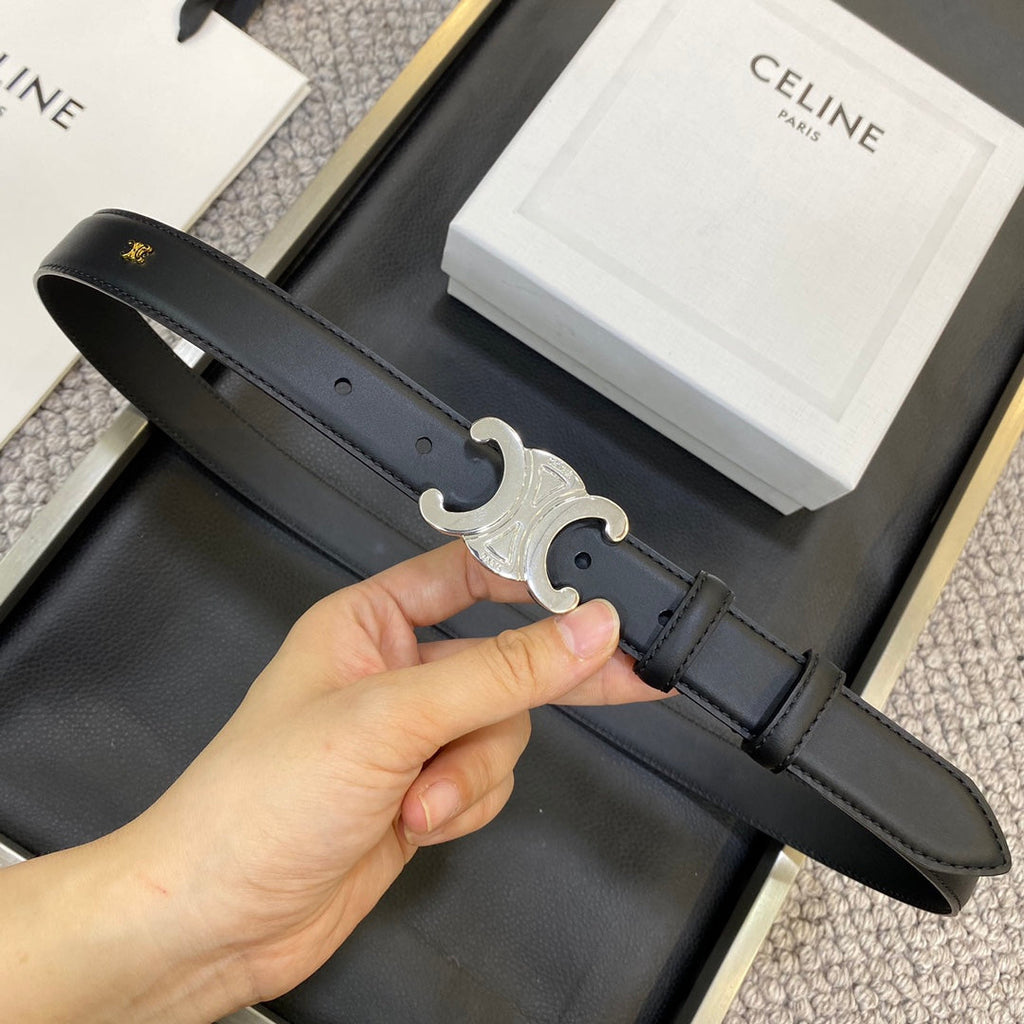 CELINE TRIOMPHE BELT 25MM IN BLACK CALFSKIN SILVER BUCKLE GOLD LOGO