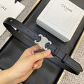 CELINE TRIOMPHE BELT 25MM IN BLACK CALFSKIN SILVER BUCKLE GOLD LOGO