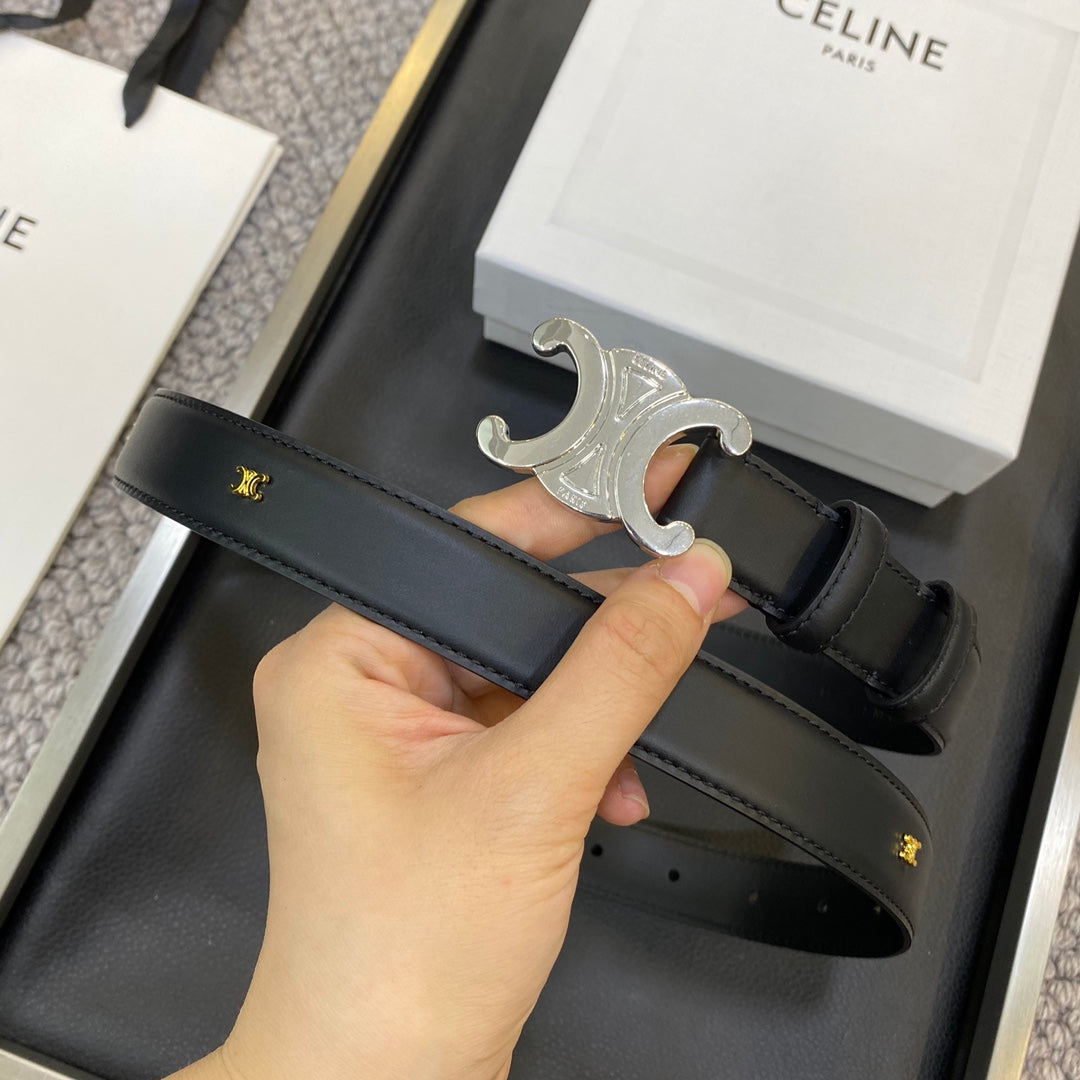CELINE TRIOMPHE BELT 25MM IN BLACK CALFSKIN SILVER BUCKLE GOLD LOGO