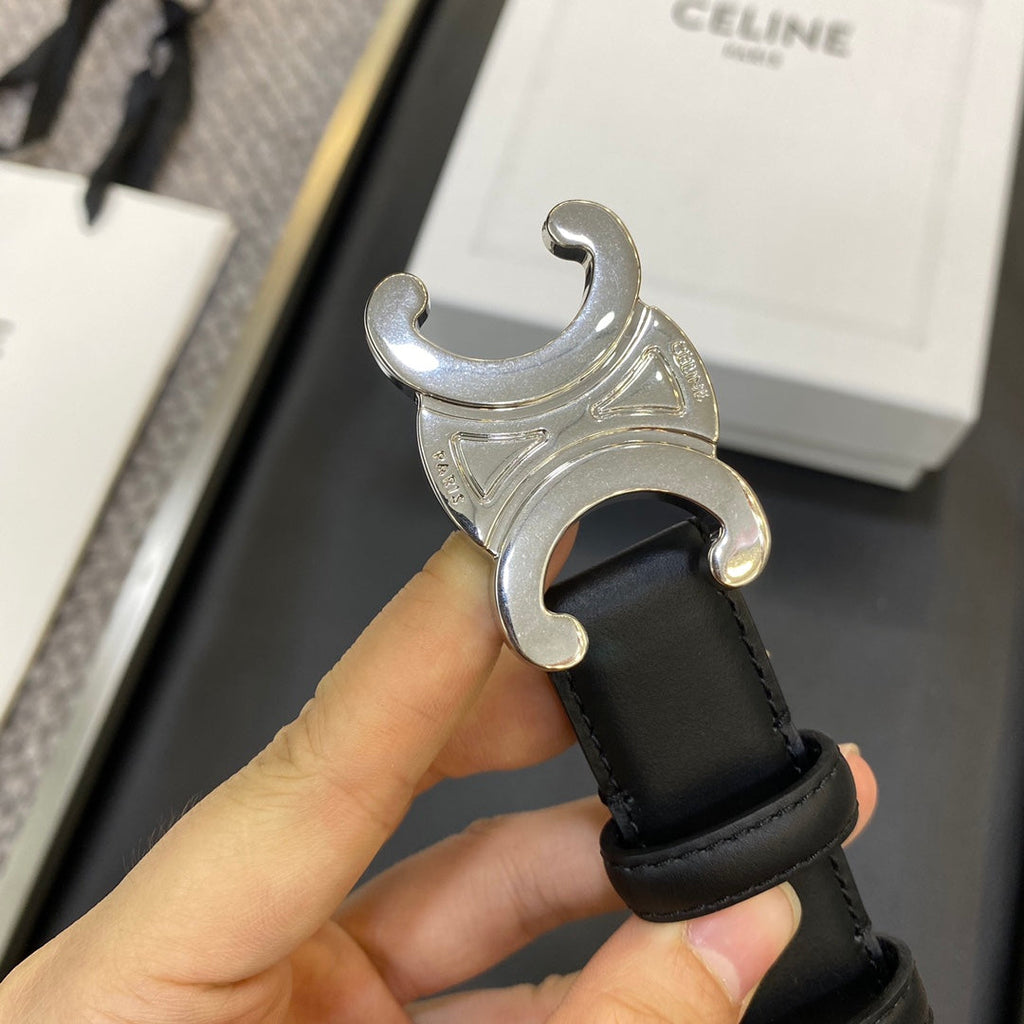 CELINE TRIOMPHE BELT 25MM IN BLACK CALFSKIN SILVER BUCKLE GOLD LOGO