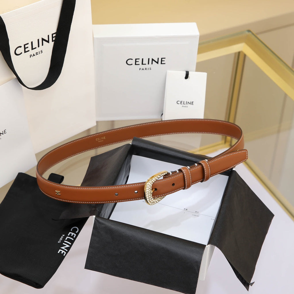 CELINE CL MEDIUM 25 MM MARCO BELT WITH STRASS IN BRONZE BROWN CALFSKIN GOLD HARDWARE