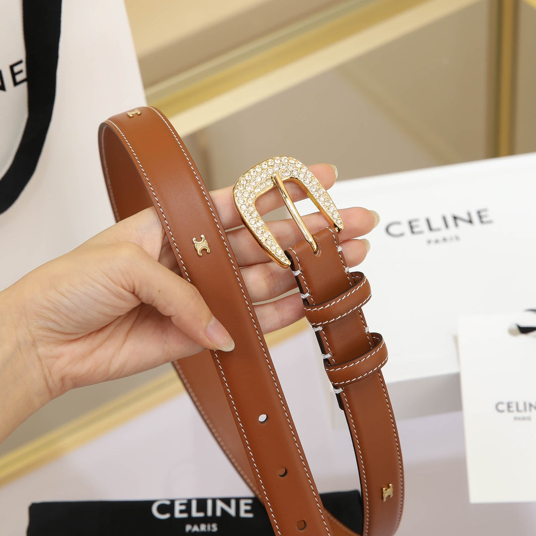 CELINE CL MEDIUM 25 MM MARCO BELT WITH STRASS IN BRONZE BROWN CALFSKIN GOLD HARDWARE