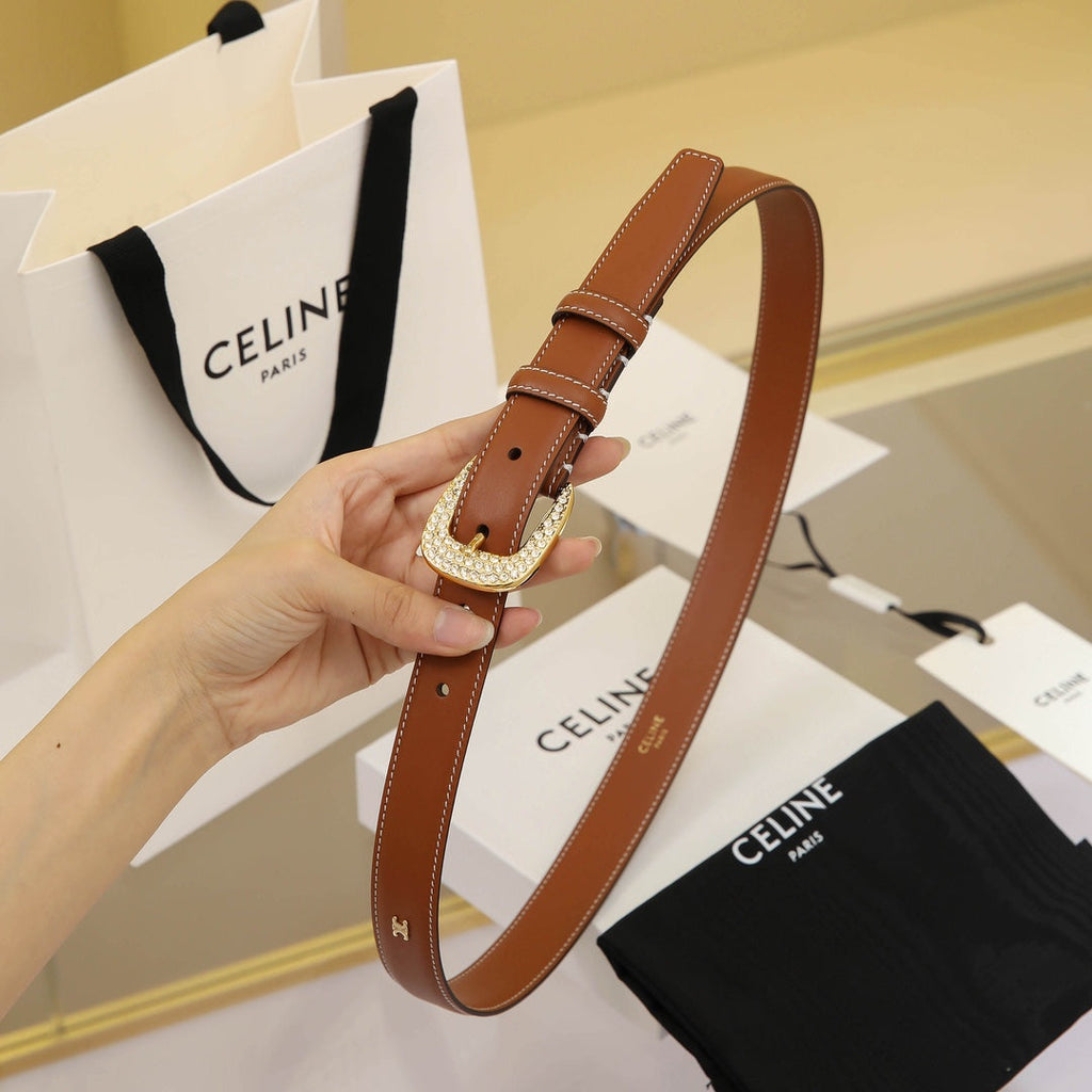 CELINE CL MEDIUM 25 MM MARCO BELT WITH STRASS IN BRONZE BROWN CALFSKIN GOLD HARDWARE