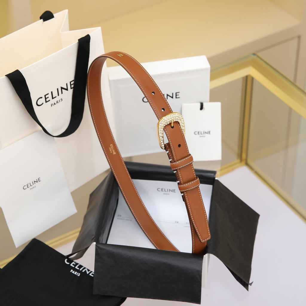 CELINE CL MEDIUM 25 MM MARCO BELT WITH STRASS IN BRONZE BROWN CALFSKIN GOLD HARDWARE