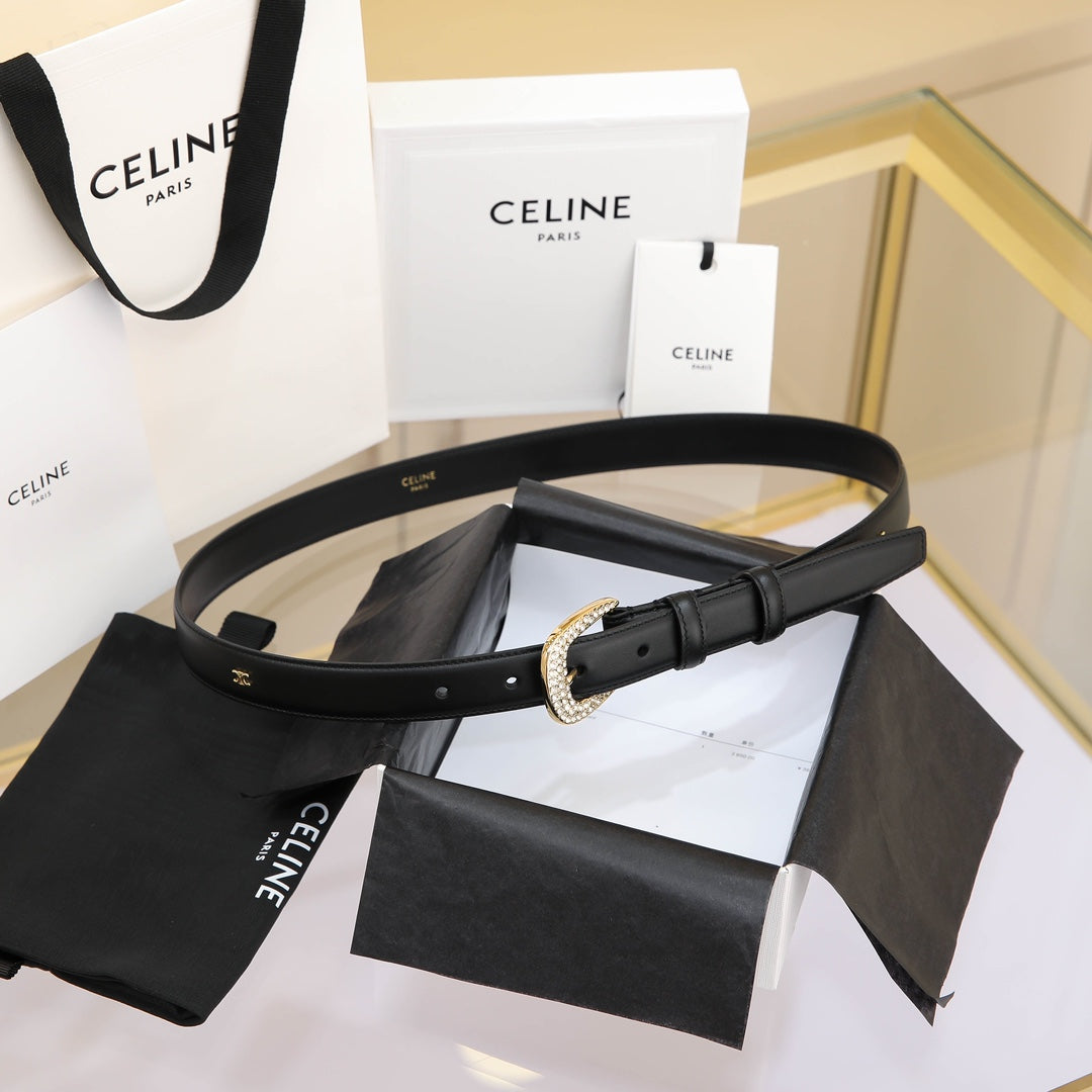 CELINE CL MEDIUM 25 MM MARCO BELT WITH STRASS IN BLACK CALFSKIN GOLD HARDWARE