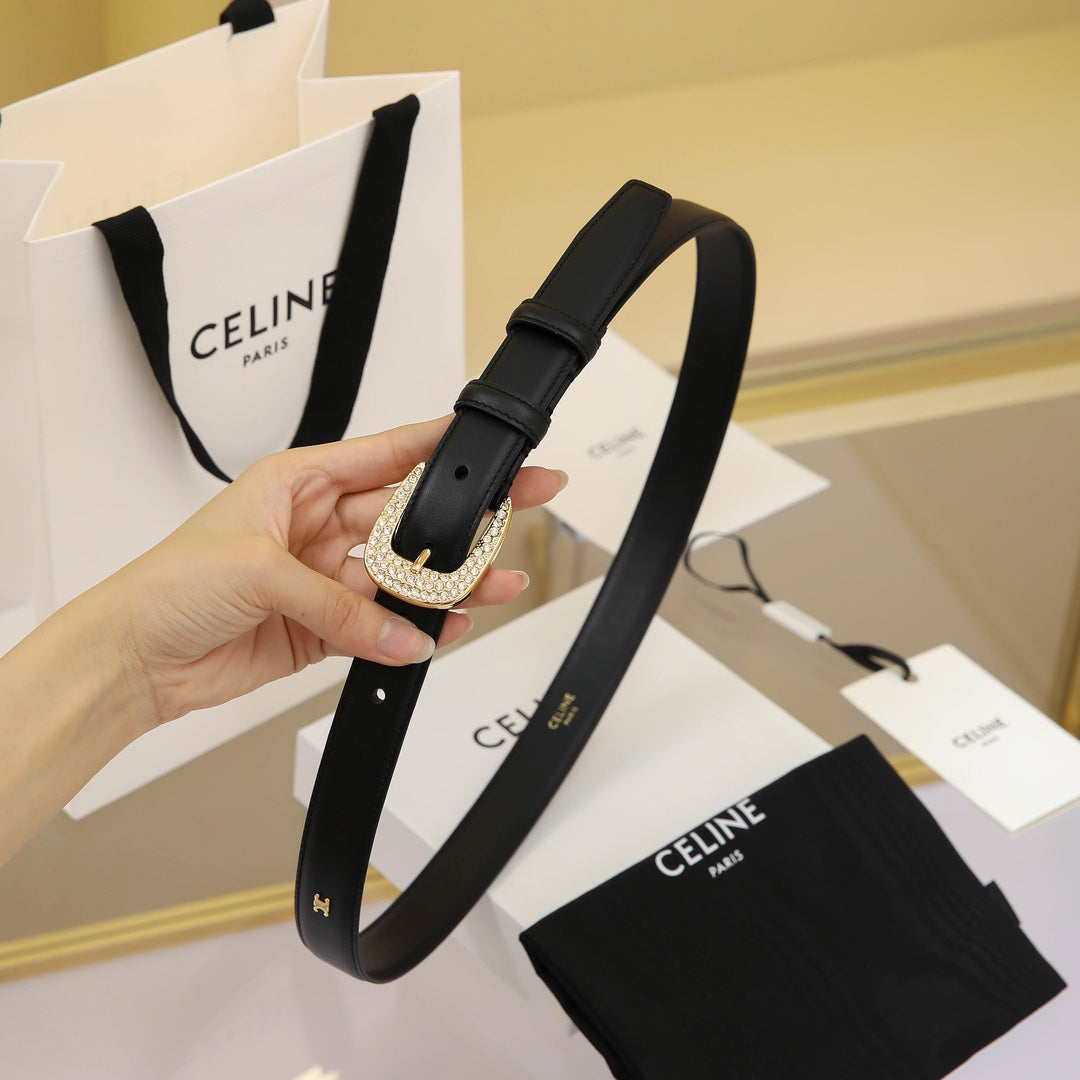 CELINE CL MEDIUM 25 MM MARCO BELT WITH STRASS IN BLACK CALFSKIN GOLD HARDWARE