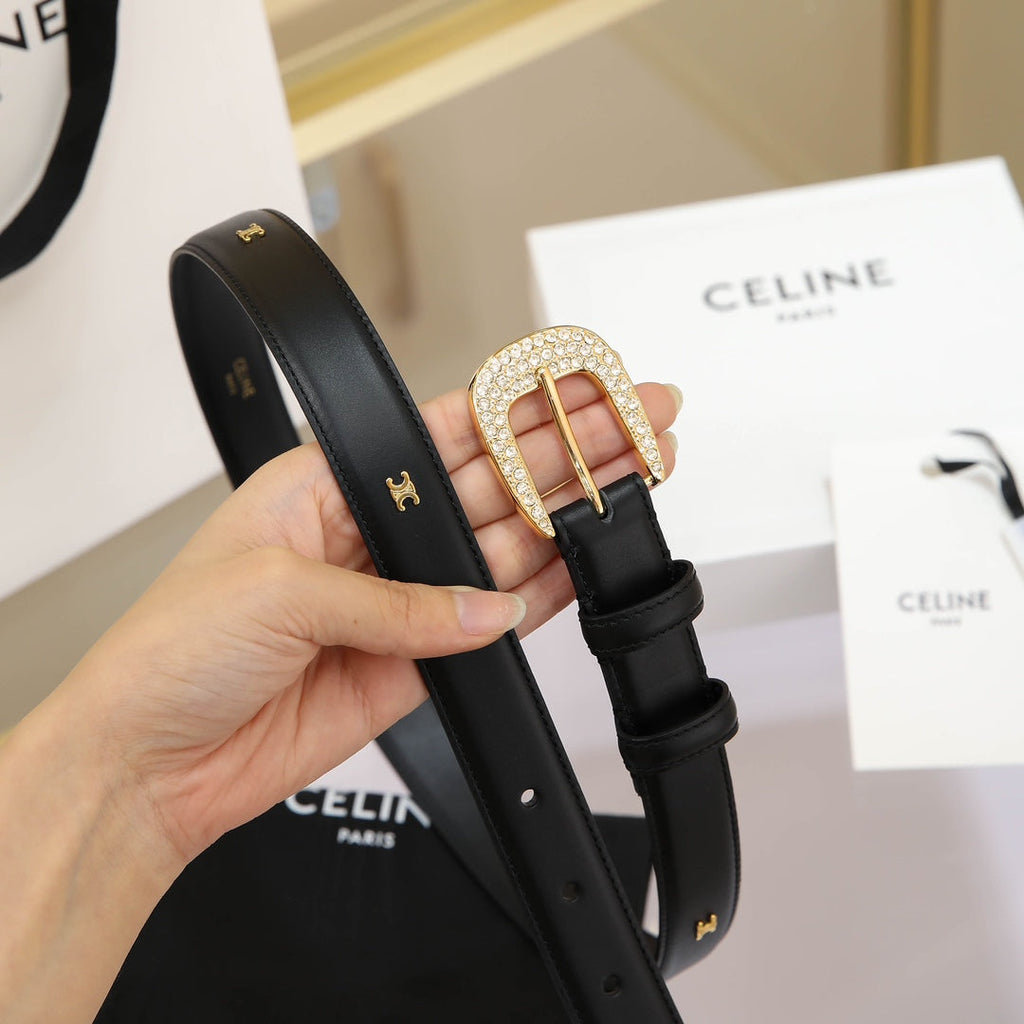CELINE CL MEDIUM 25 MM MARCO BELT WITH STRASS IN BLACK CALFSKIN GOLD HARDWARE