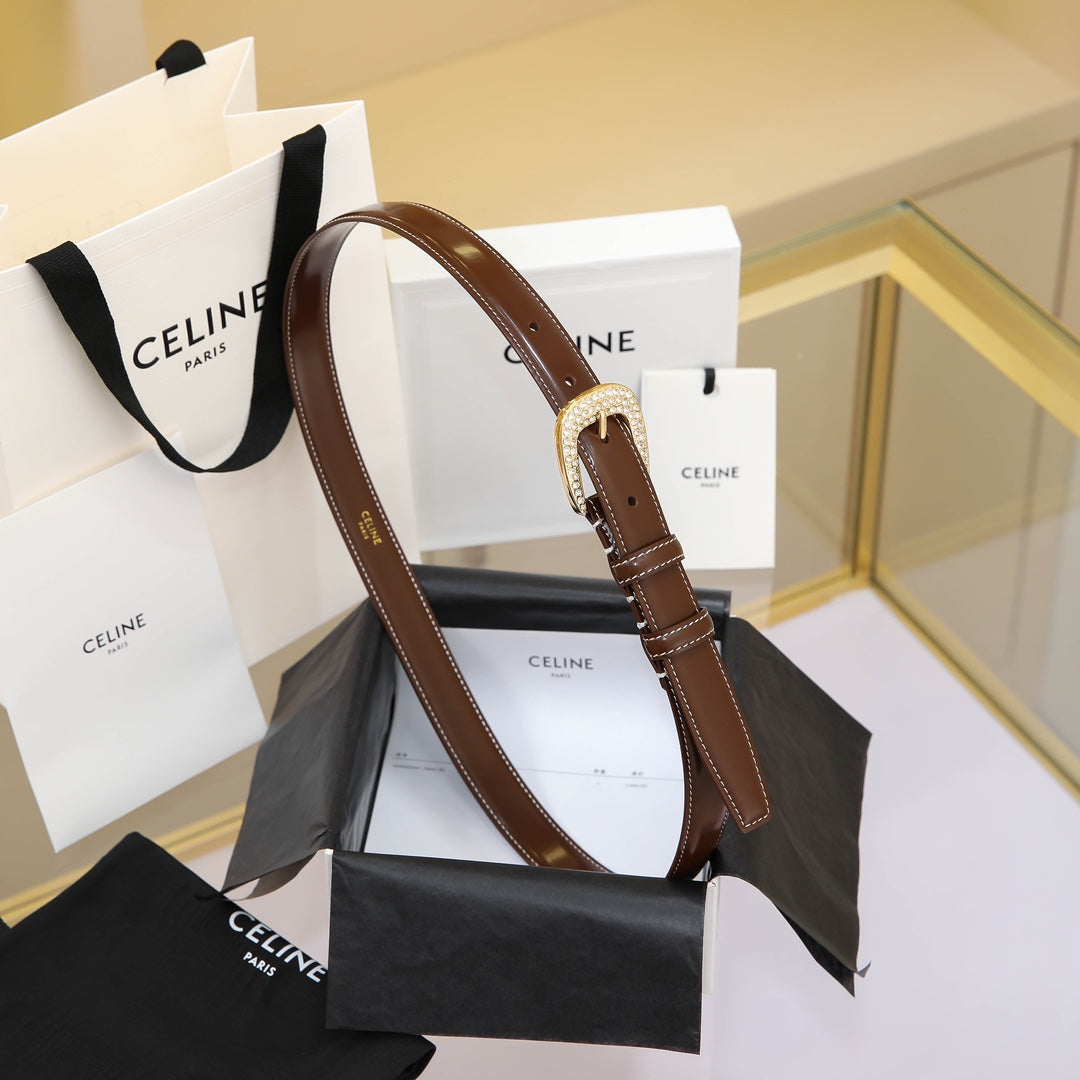 CELINE CL MEDIUM 25 MM MARCO BELT WITH STRASS IN CHOCOLATE BROWN CALFSKIN GOLD HARDWARE