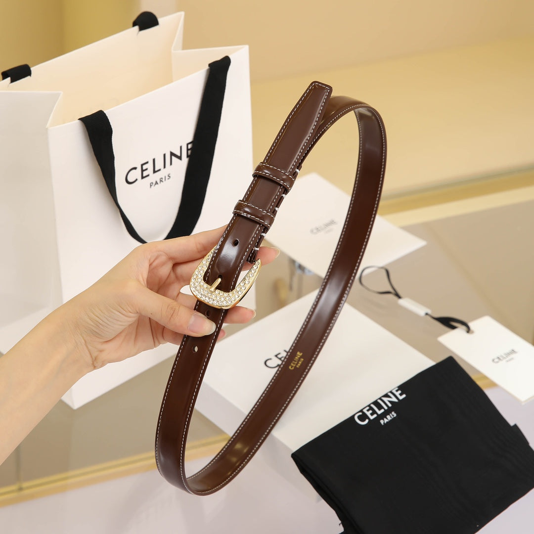 CELINE CL MEDIUM 25 MM MARCO BELT WITH STRASS IN CHOCOLATE BROWN CALFSKIN GOLD HARDWARE