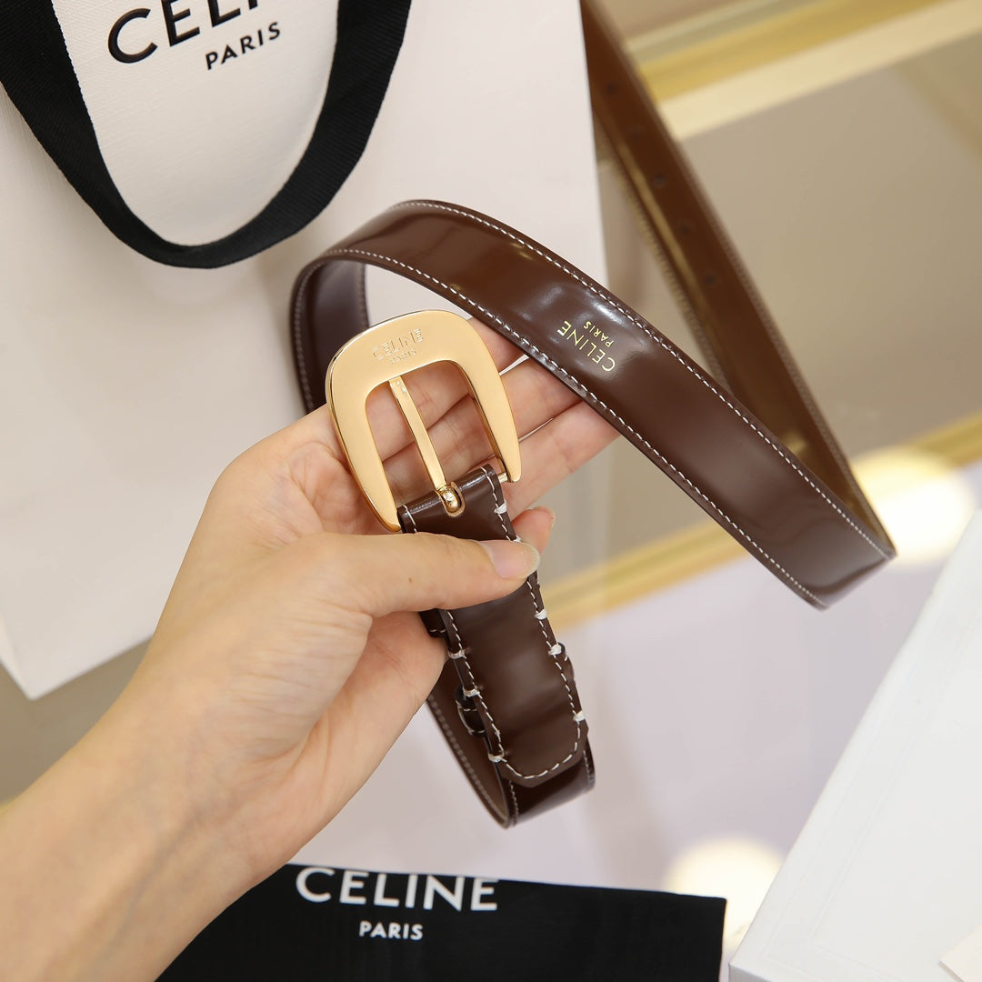 CELINE CL MEDIUM 25 MM MARCO BELT WITH STRASS IN CHOCOLATE BROWN CALFSKIN GOLD HARDWARE