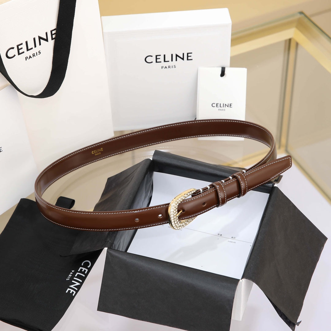CELINE CL MEDIUM 25 MM MARCO BELT WITH STRASS IN CHOCOLATE BROWN CALFSKIN GOLD HARDWARE