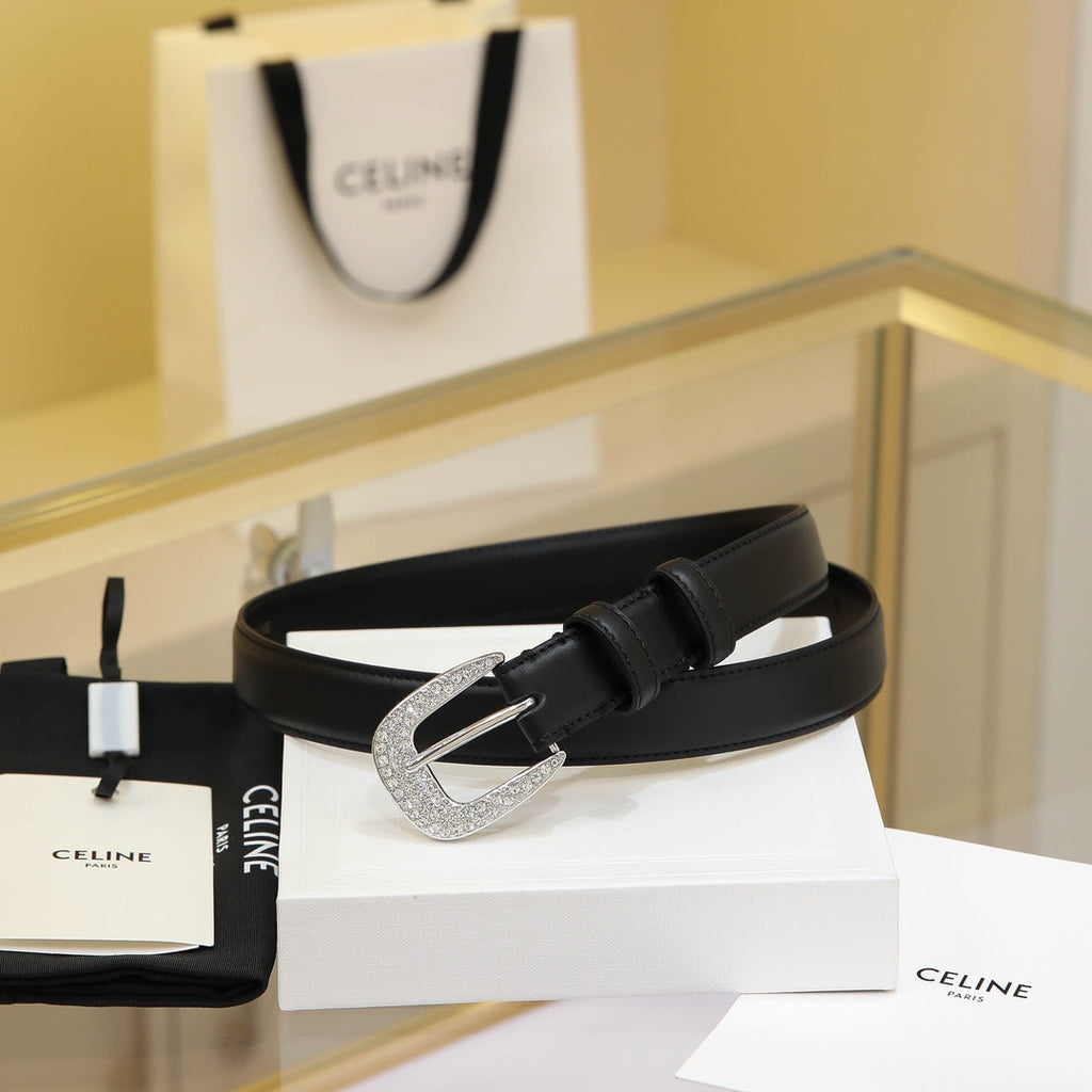 CELINE CL MEDIUM 25 MM MARCO BELT WITH STRASS IN BLACK CALFSKIN SILVER HARDWARE
