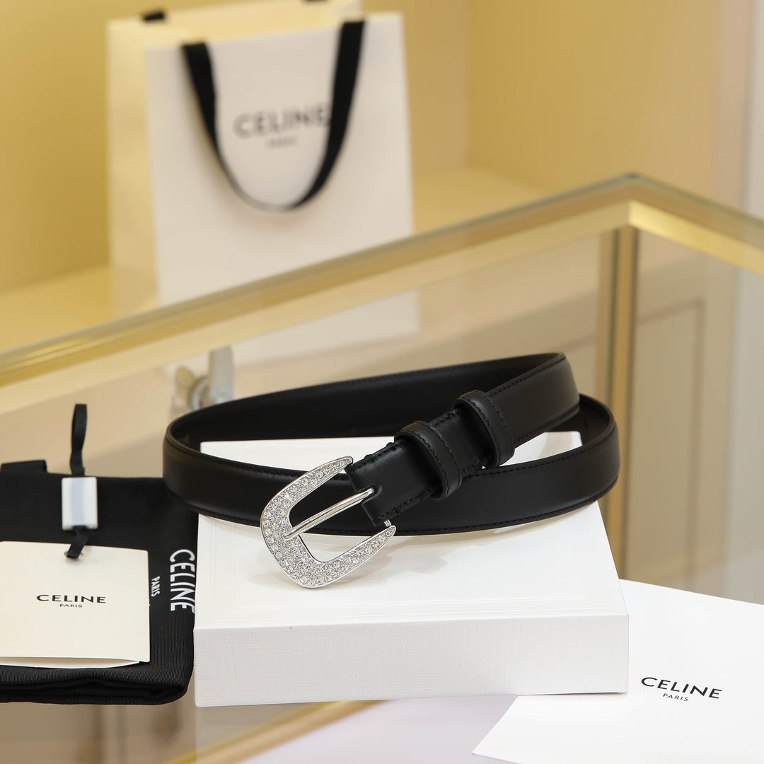 CELINE CL MEDIUM 25 MM MARCO BELT WITH STRASS IN BLACK CALFSKIN SILVER HARDWARE