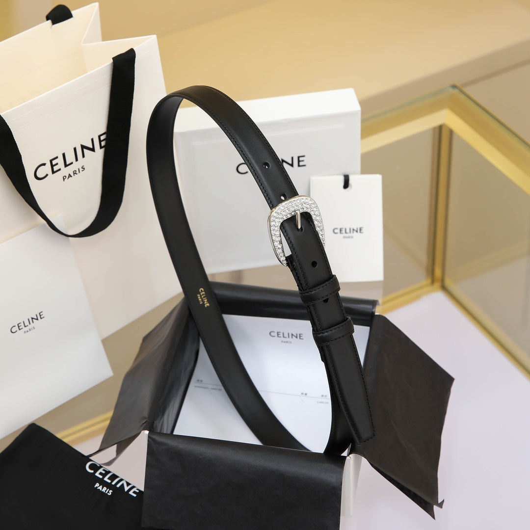 CELINE CL MEDIUM 25 MM MARCO BELT WITH STRASS IN BLACK CALFSKIN SILVER HARDWARE