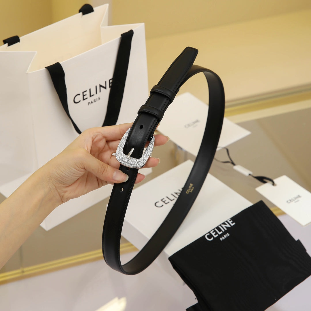 CELINE CL MEDIUM 25 MM MARCO BELT WITH STRASS IN BLACK CALFSKIN SILVER HARDWARE