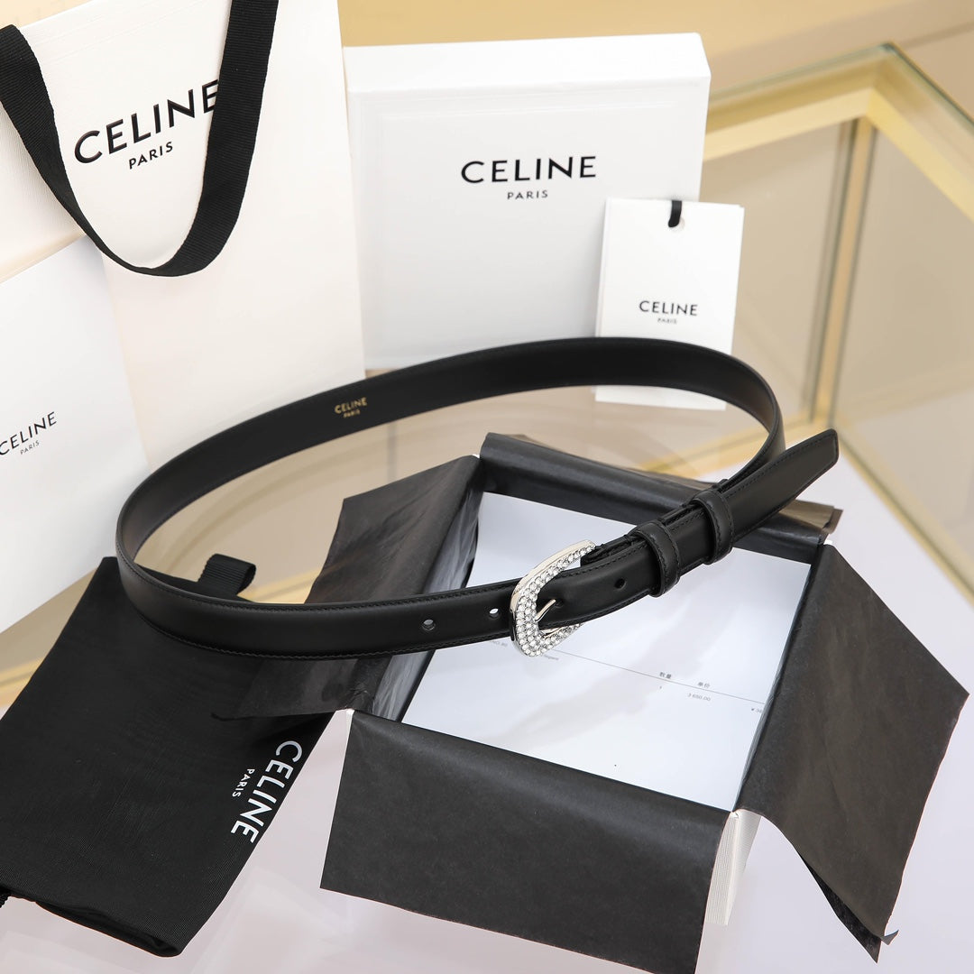 CELINE CL MEDIUM 25 MM MARCO BELT WITH STRASS IN BLACK CALFSKIN SILVER HARDWARE