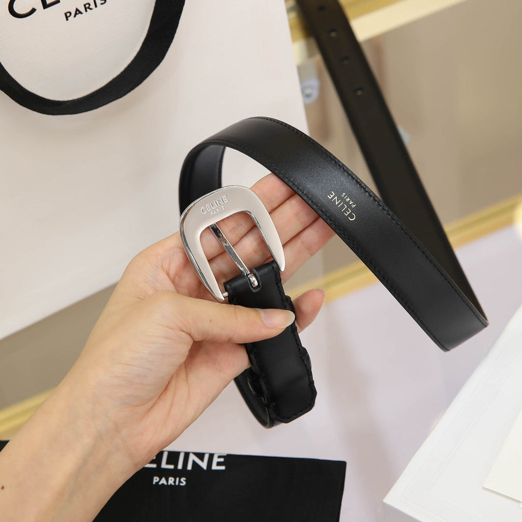 CELINE CL MEDIUM 25 MM MARCO BELT WITH STRASS IN BLACK CALFSKIN SILVER HARDWARE