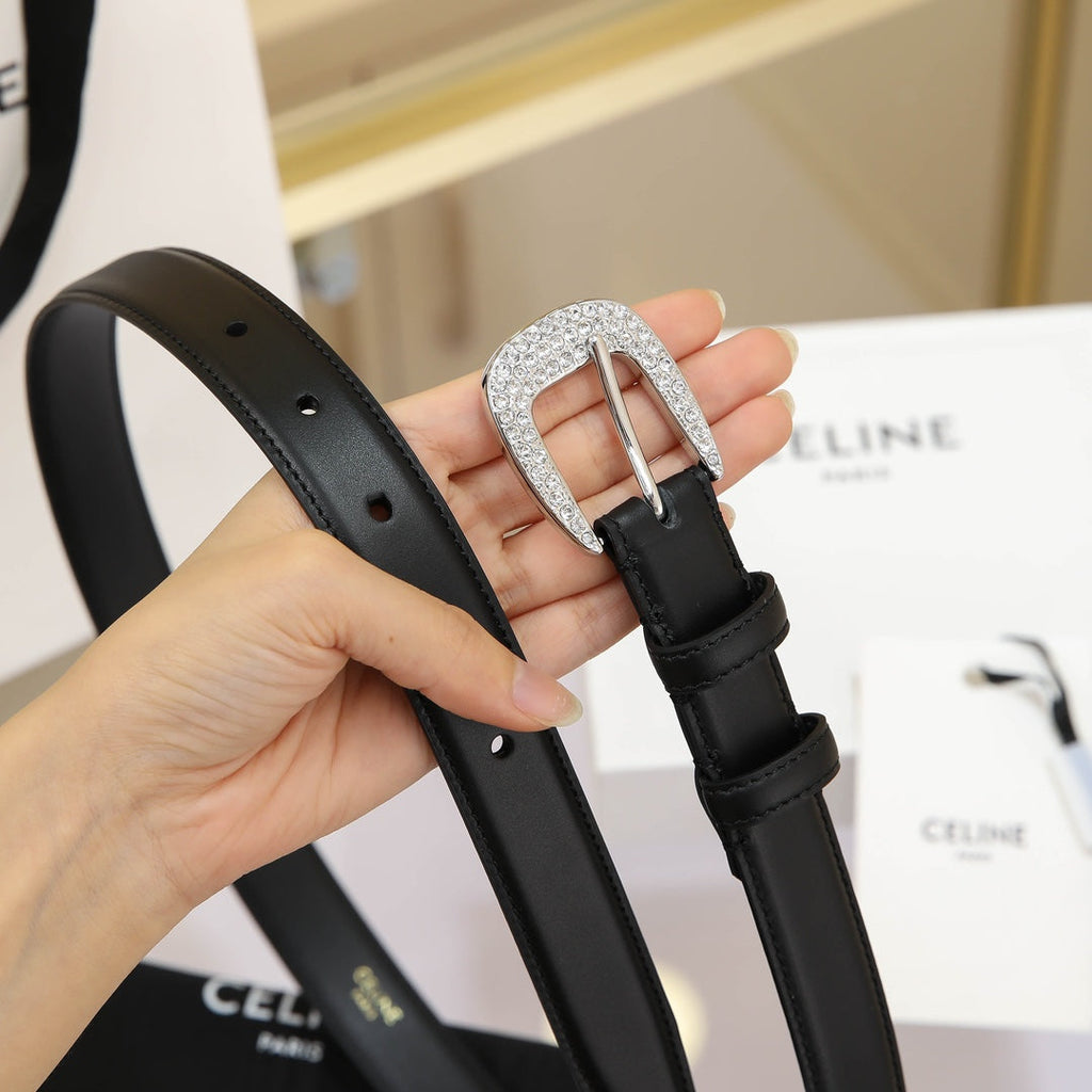 CELINE CL MEDIUM 25 MM MARCO BELT WITH STRASS IN BLACK CALFSKIN SILVER HARDWARE