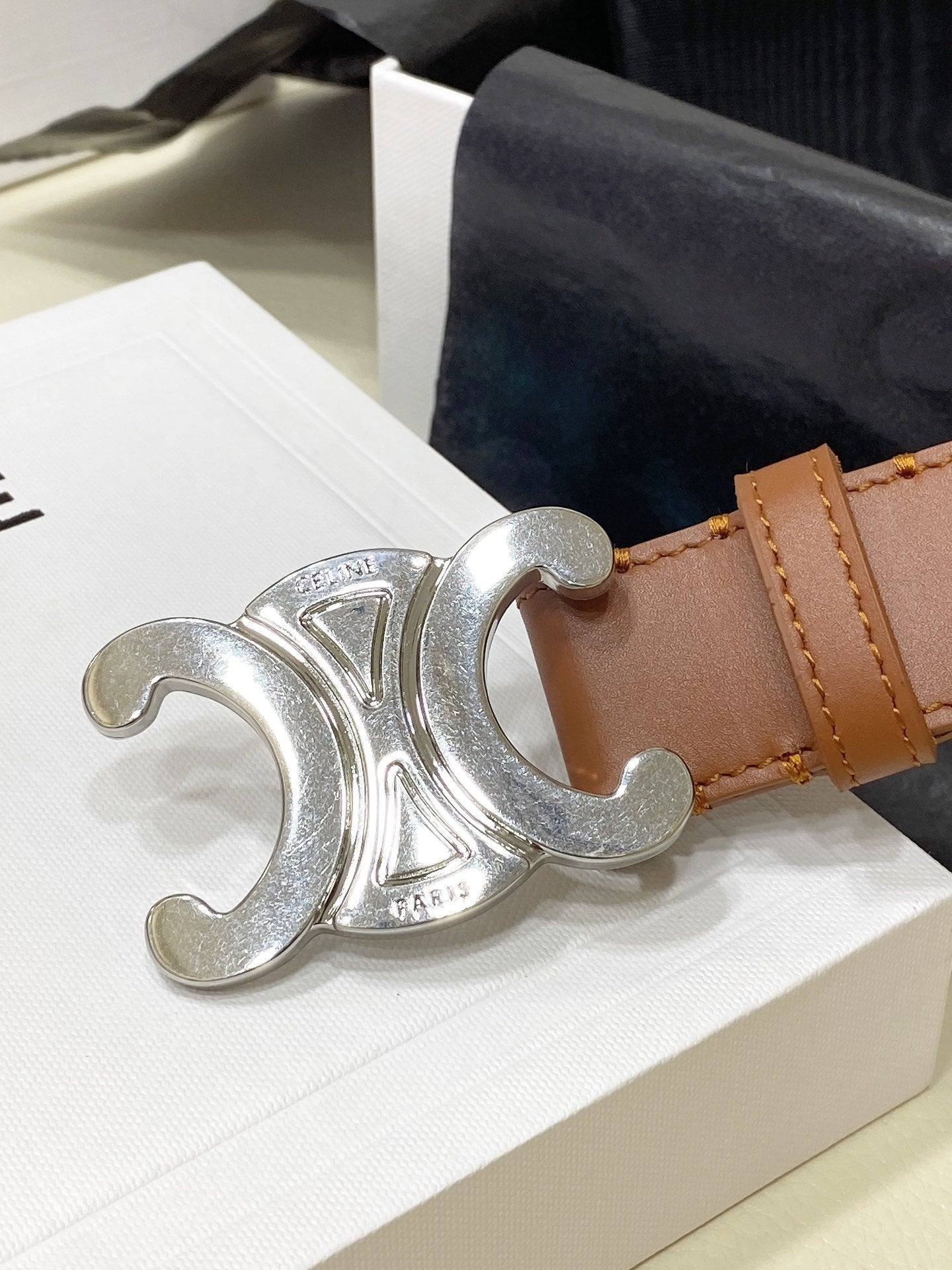 CELINE CL LARGE 30 MM TRIOMPHE BELT IN BRONZE BROWN SILVER HARDWARE