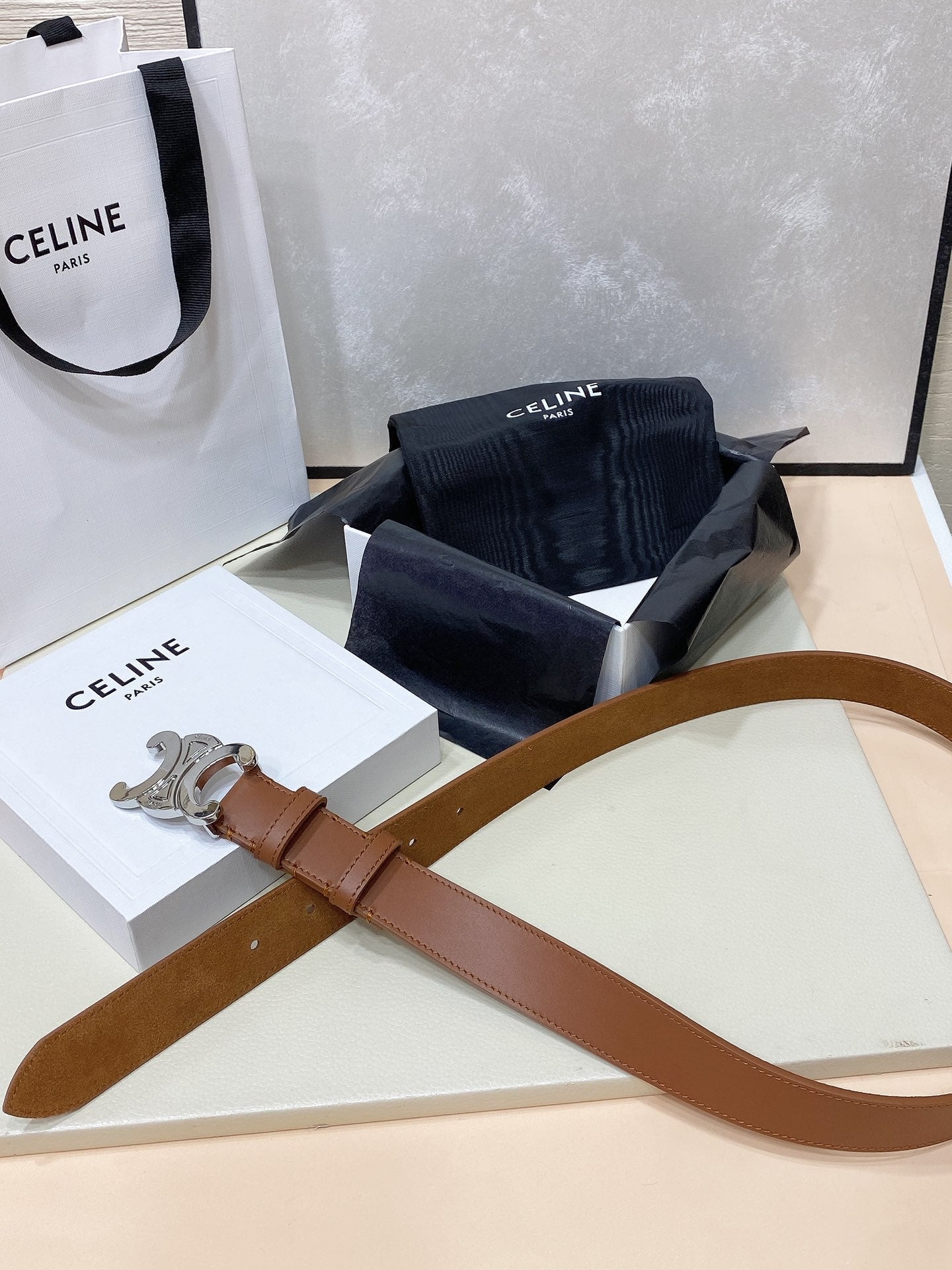 CELINE CL LARGE 30 MM TRIOMPHE BELT IN BRONZE BROWN SILVER HARDWARE