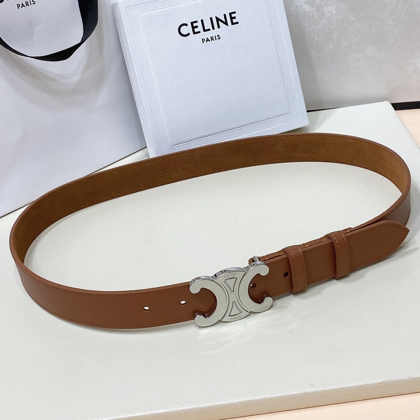 CELINE CL LARGE 30 MM TRIOMPHE BELT IN BRONZE BROWN SILVER HARDWARE