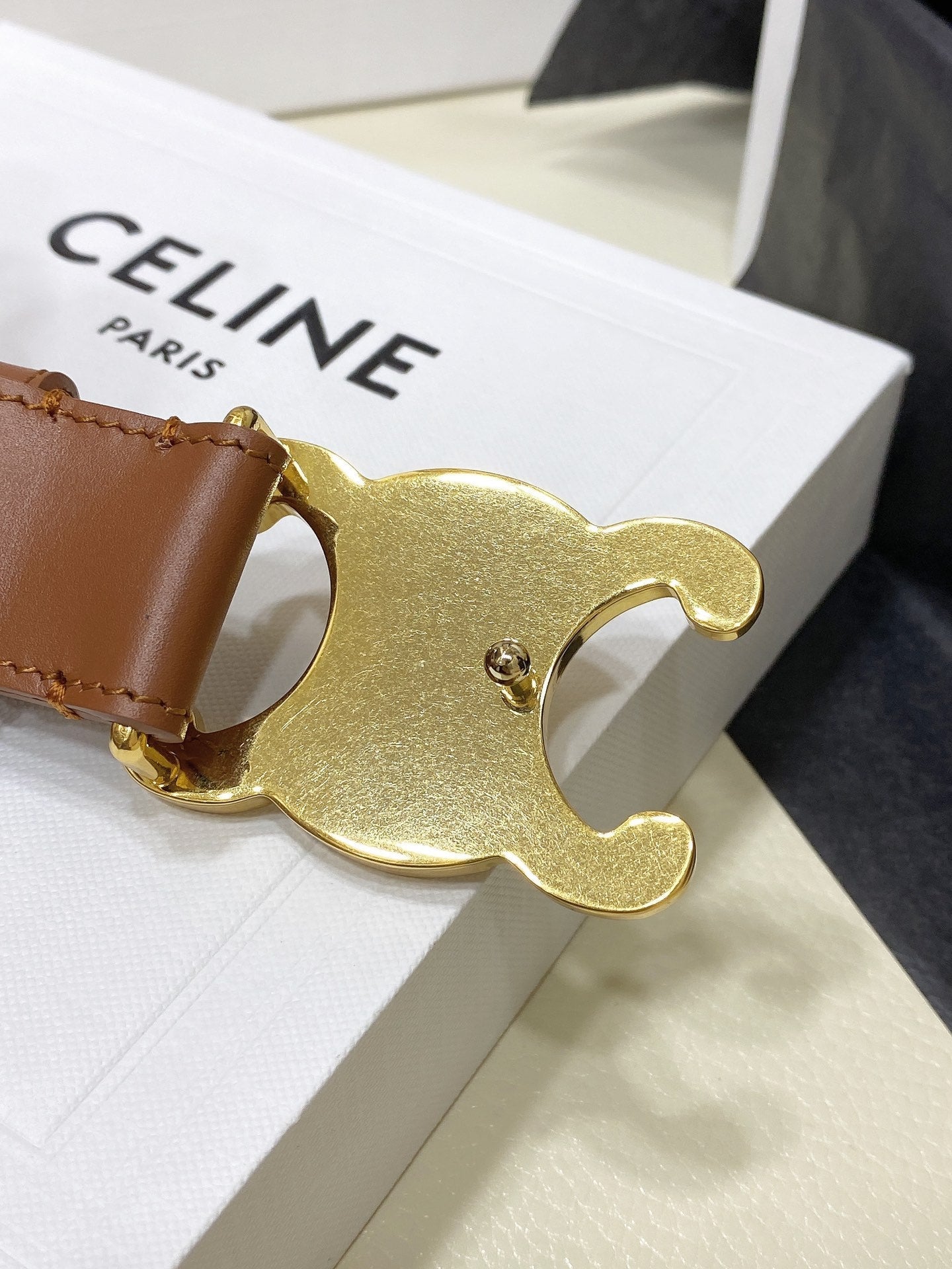 CELINE CL LARGE 30 MM TRIOMPHE BELT IN BRONZE BROWN GOLD HARDWARE