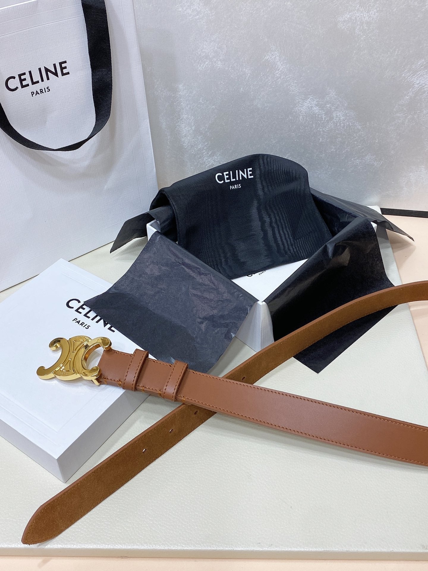 CELINE CL LARGE 30 MM TRIOMPHE BELT IN BRONZE BROWN GOLD HARDWARE