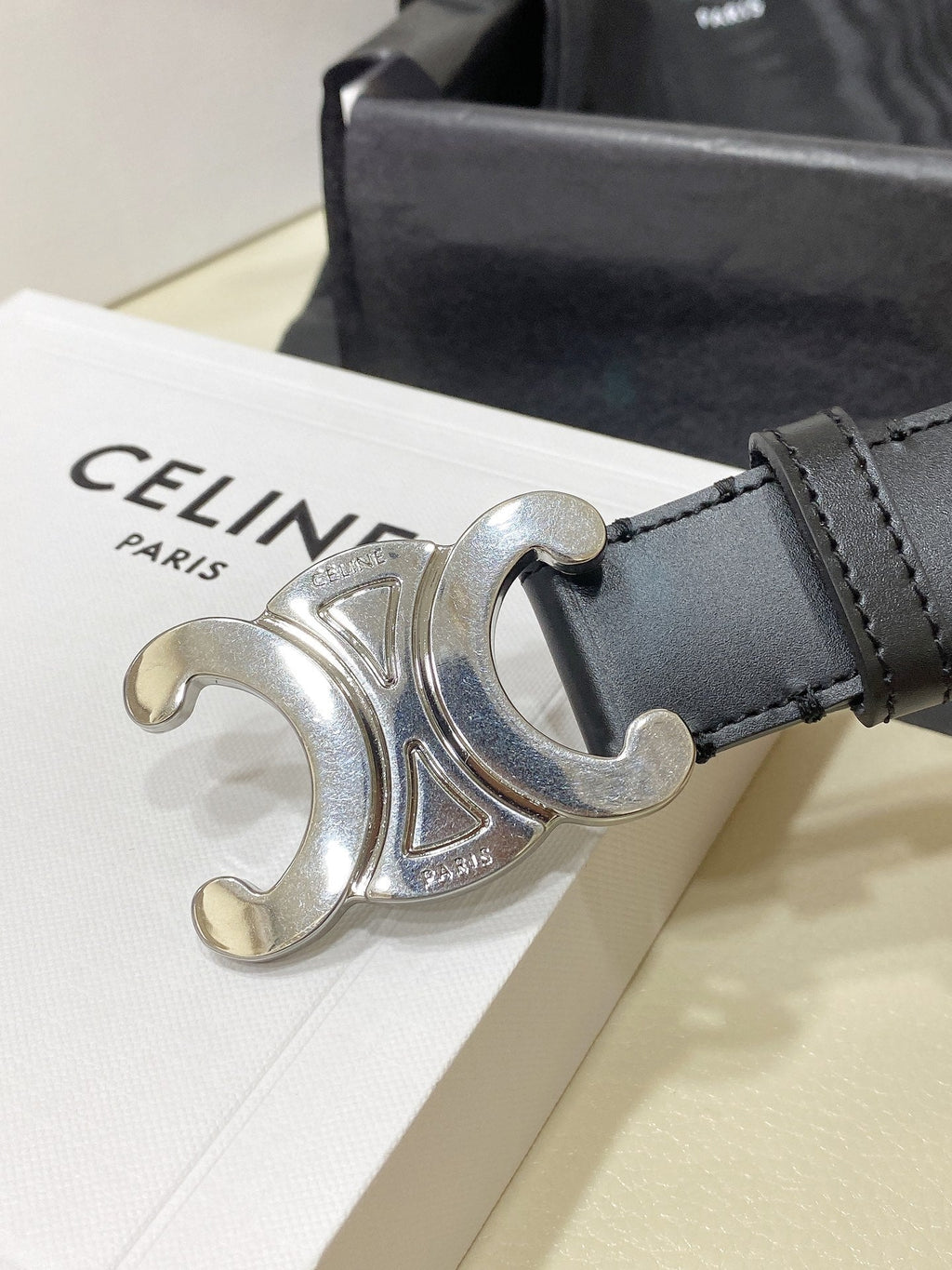 CELINE CL LARGE 30 MM TRIOMPHE BELT IN BLACK AND SILVER HARDWARE