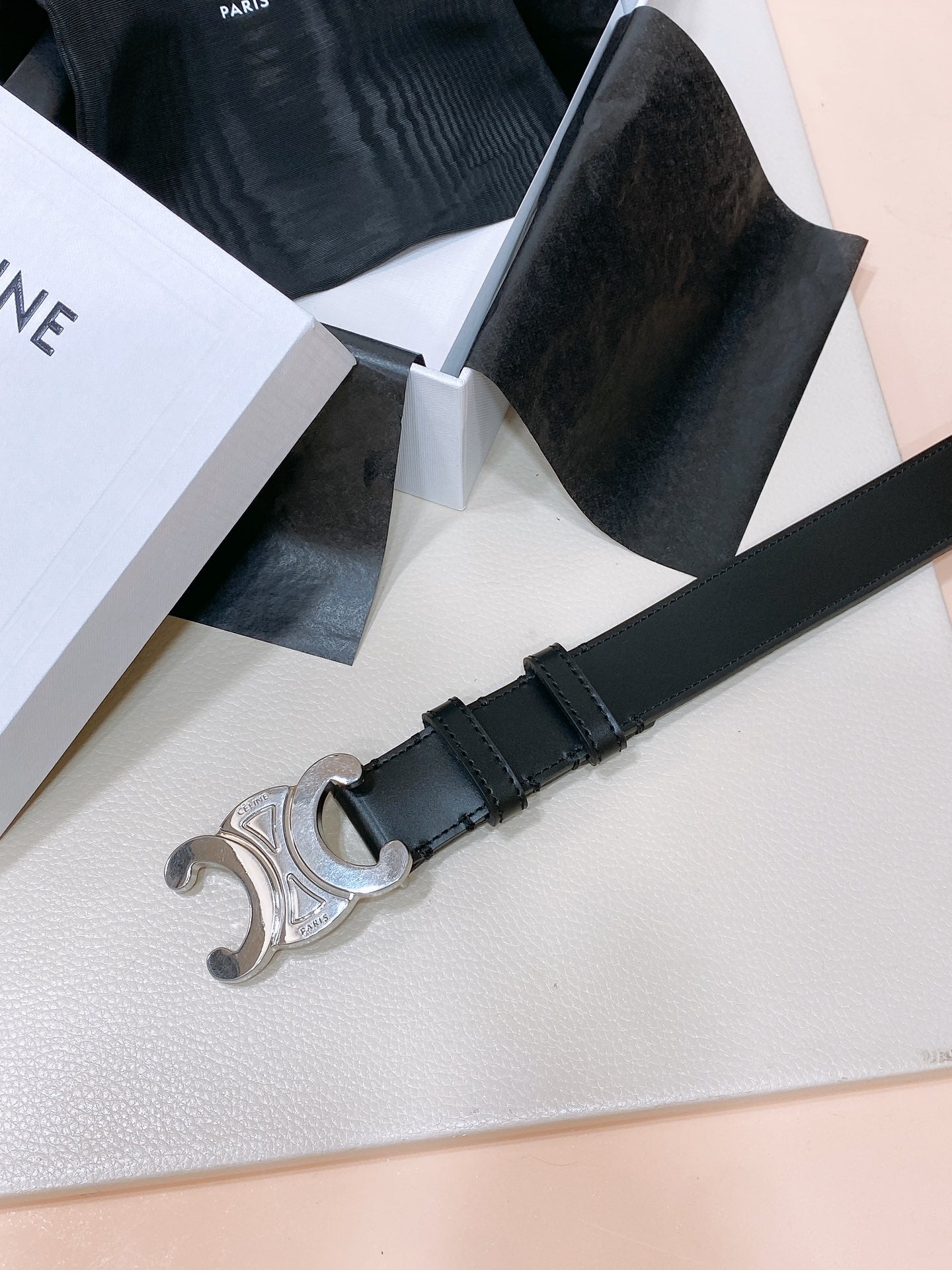 CELINE CL LARGE 30 MM TRIOMPHE BELT IN BLACK AND SILVER HARDWARE