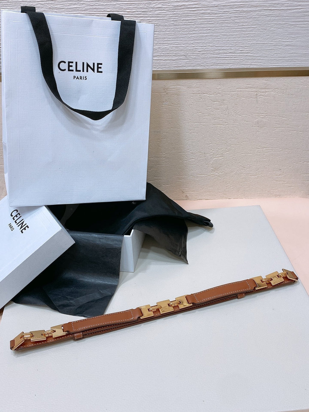 CELINE CL SMALL 18 MM SQUARE ADJUSTABLE BELT IN BRONZE BROWN LEATHER GOLD HARDWARE
