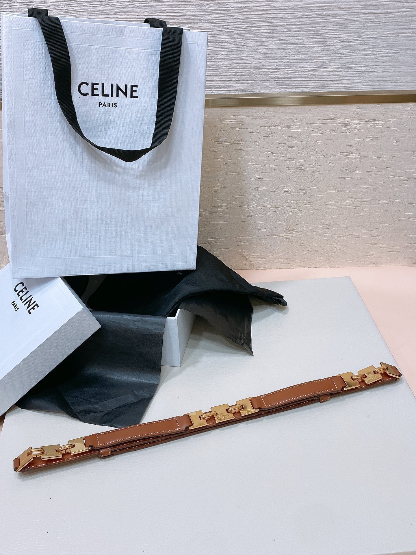 CELINE CL SMALL 18 MM SQUARE ADJUSTABLE BELT IN BRONZE BROWN LEATHER GOLD HARDWARE