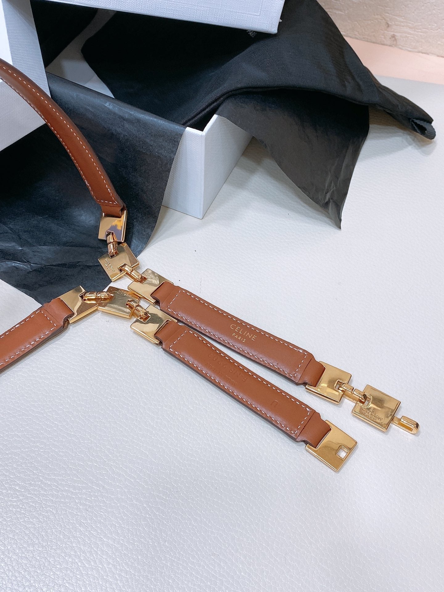 CELINE CL SMALL 18 MM SQUARE ADJUSTABLE BELT IN BRONZE BROWN LEATHER GOLD HARDWARE