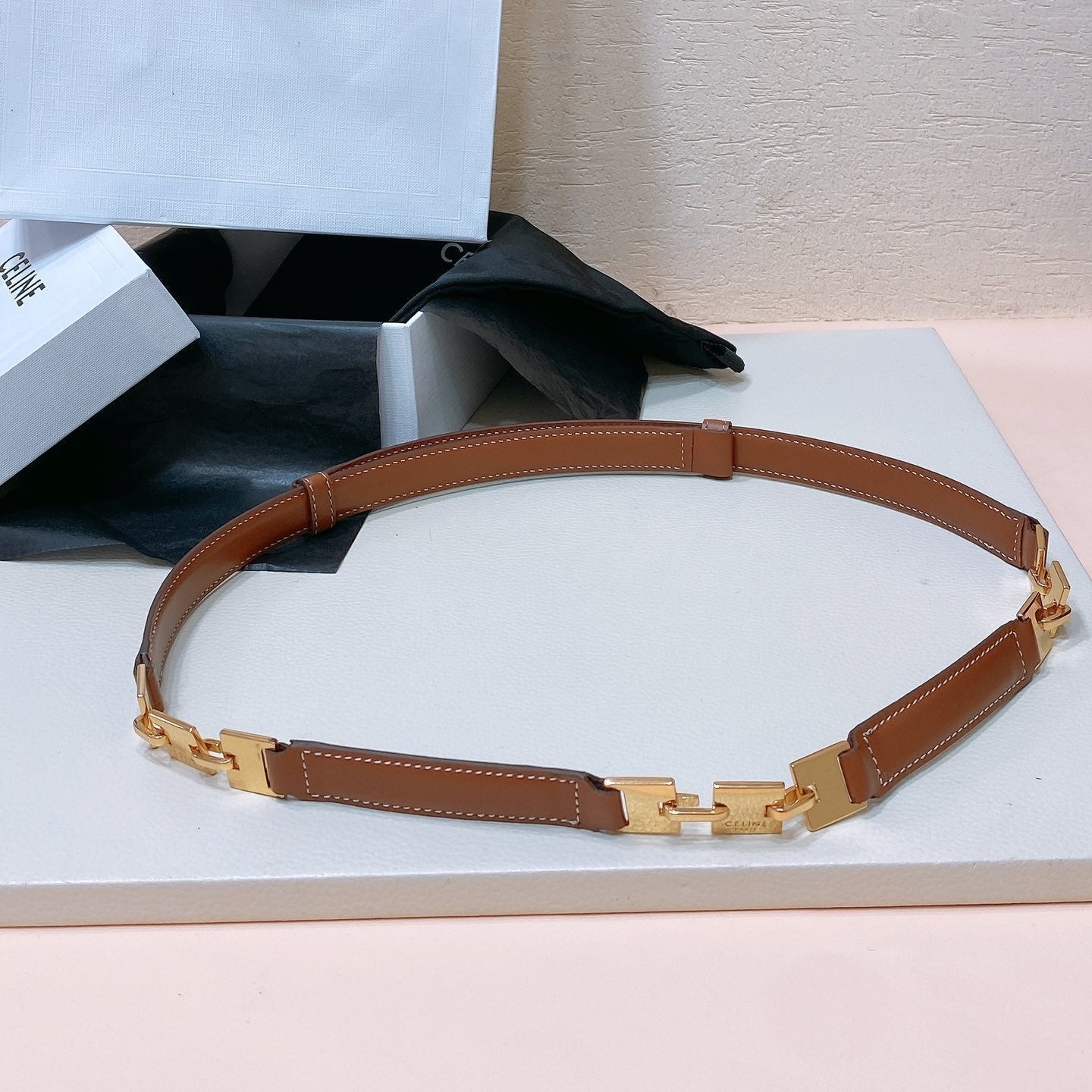 CELINE CL SMALL 18 MM SQUARE ADJUSTABLE BELT IN BRONZE BROWN LEATHER GOLD HARDWARE