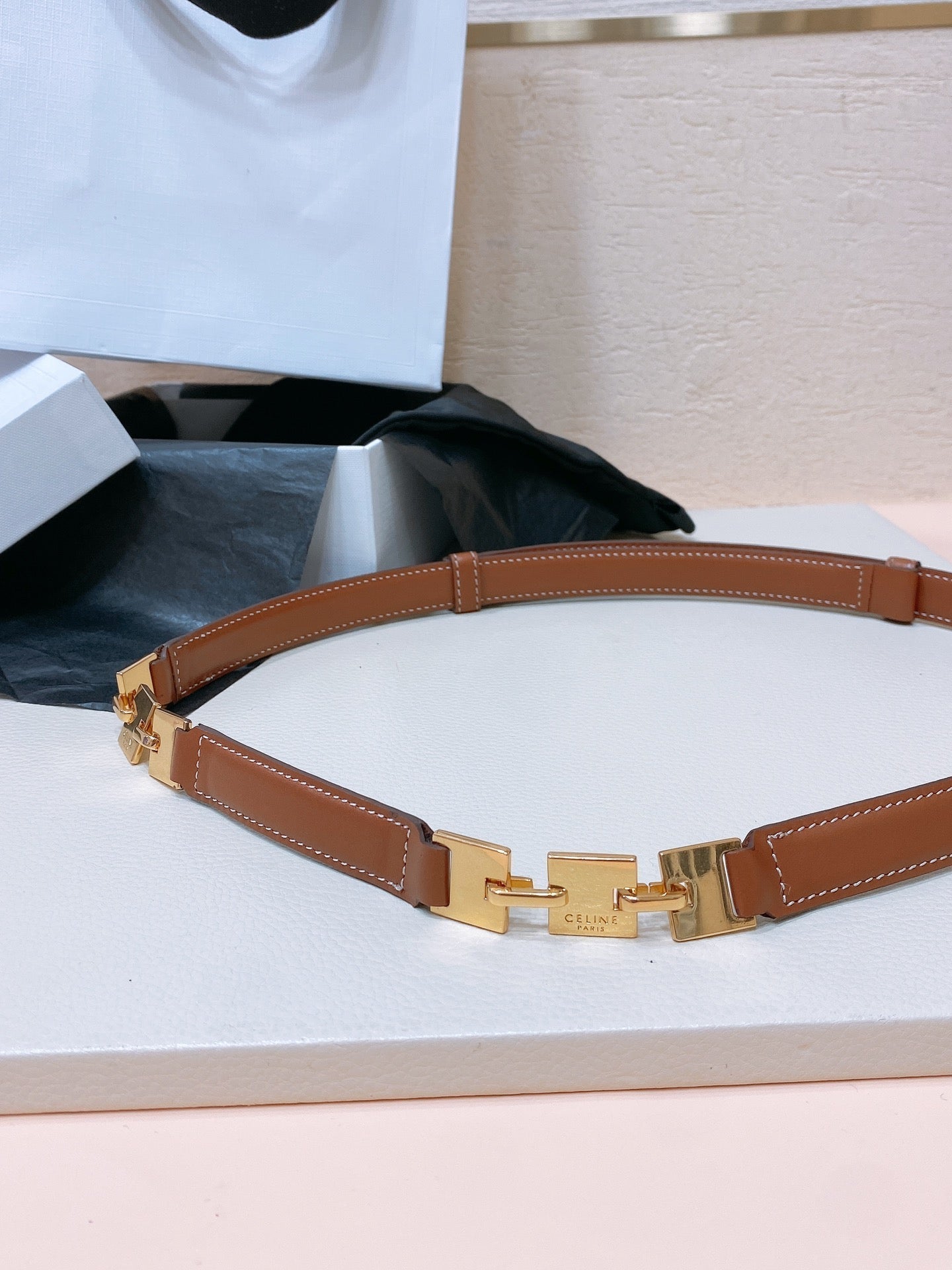 CELINE CL SMALL 18 MM SQUARE ADJUSTABLE BELT IN BRONZE BROWN LEATHER GOLD HARDWARE