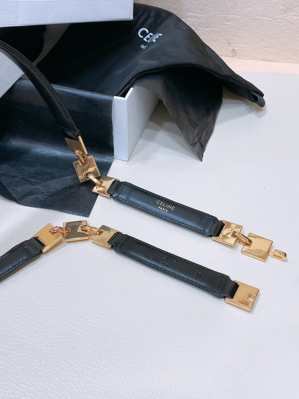 CELINE CL SMALL 18 MM GOURMETTE TRIOMPHE ADJUSTABLE BELT IN BLACK LEATHER GOLD HARDWARE