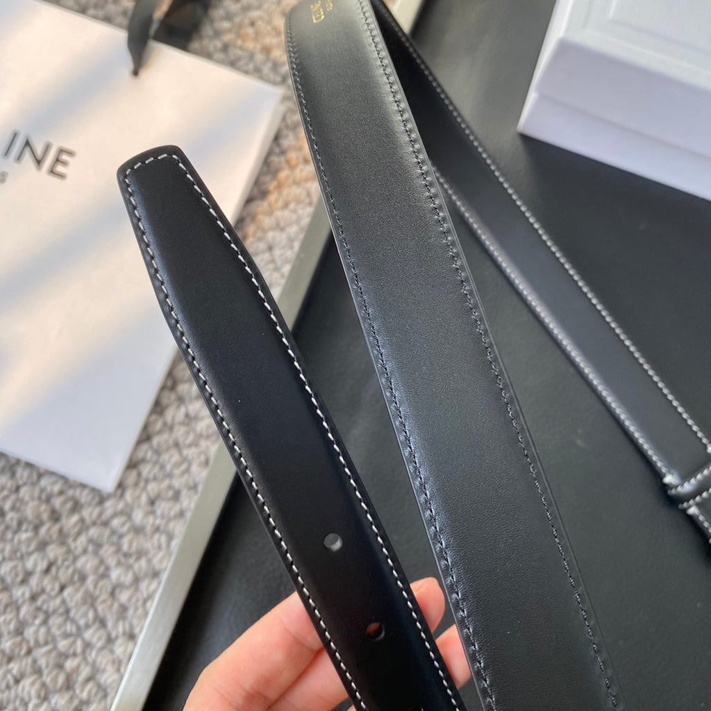 CELINE BELT 25MM IN BLACK REVERSIBLE ITALIAN CALFSKIN WITH VINTAGE GOLD BUCKLE WHITE STITCHING