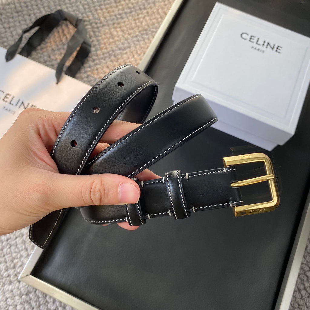 CELINE BELT 25MM IN BLACK REVERSIBLE ITALIAN CALFSKIN WITH VINTAGE GOLD BUCKLE WHITE STITCHING