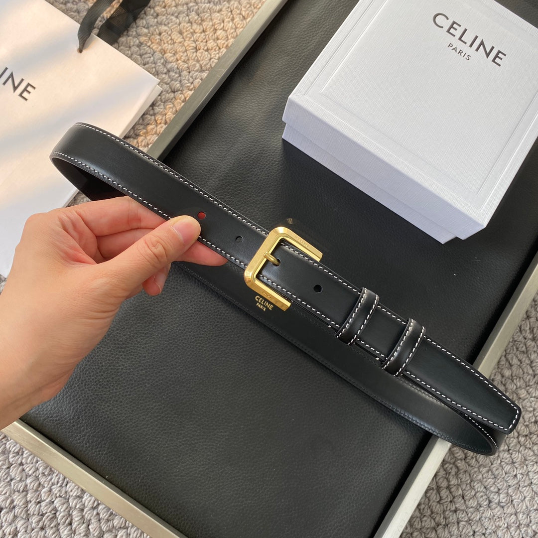 CELINE BELT 25MM IN BLACK REVERSIBLE ITALIAN CALFSKIN WITH VINTAGE GOLD BUCKLE WHITE STITCHING