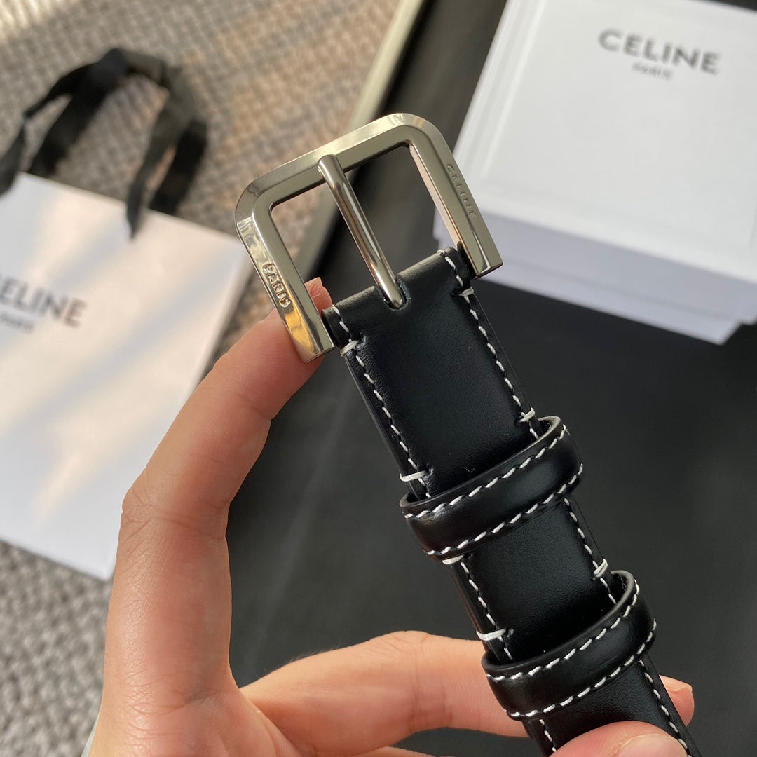CELINE BELT 25MM IN BLACK REVERSIBLE ITALIAN CALFSKIN WITH VINTAGE SILVER BUCKLE WHITE STITCHING