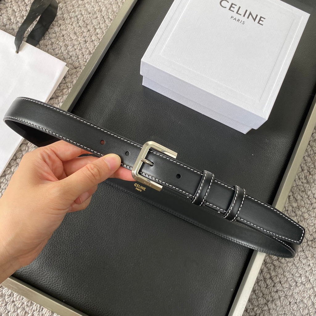 CELINE BELT 25MM IN BLACK REVERSIBLE ITALIAN CALFSKIN WITH VINTAGE SILVER BUCKLE WHITE STITCHING