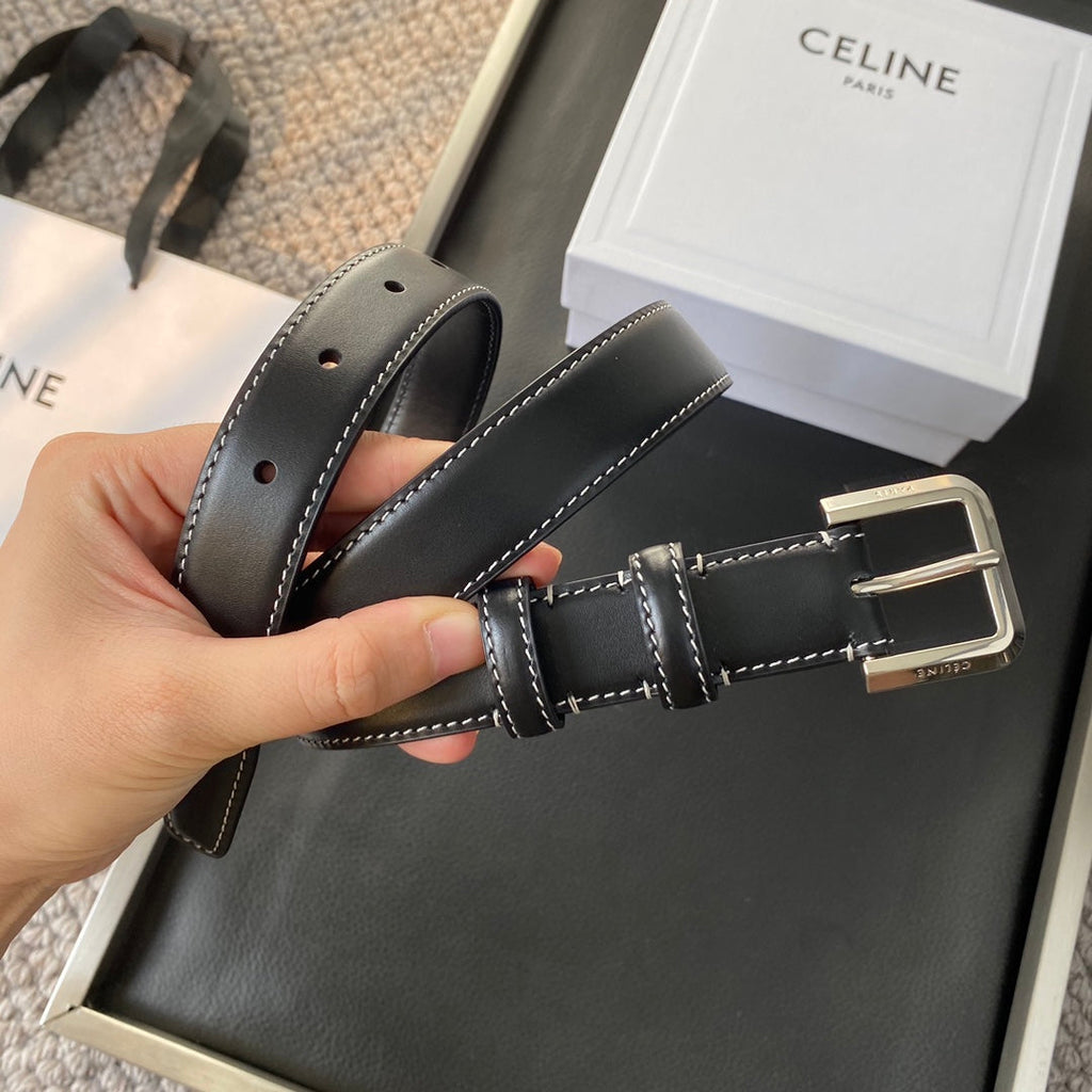 CELINE BELT 25MM IN BLACK REVERSIBLE ITALIAN CALFSKIN WITH VINTAGE SILVER BUCKLE WHITE STITCHING